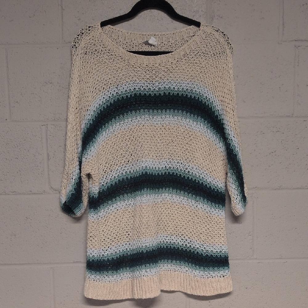 Women's J. Jill Cotton Linen Blend Striped Hollow Knit Sweater Size 1X, Coastal